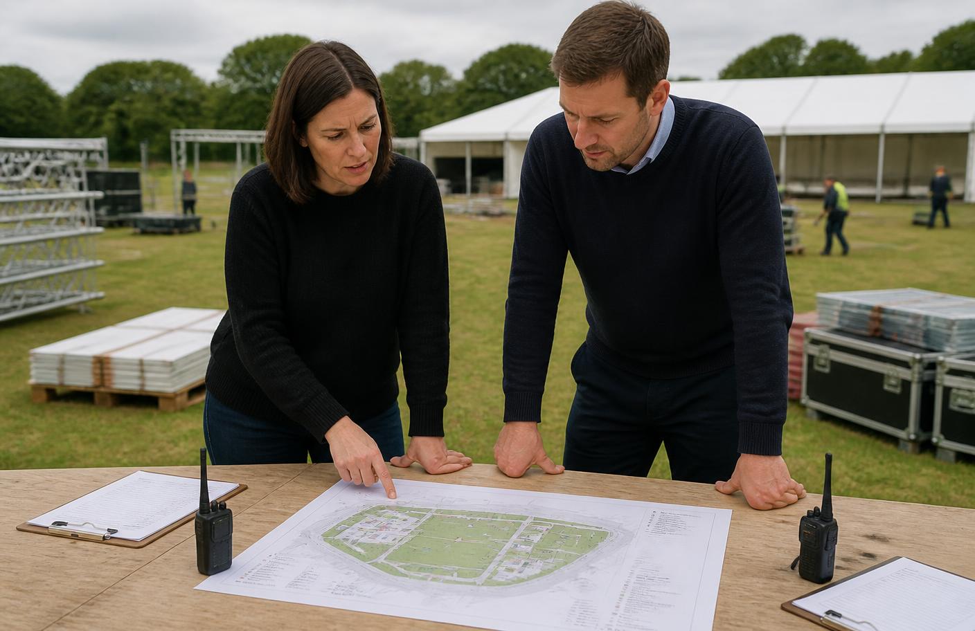 Two event organisers reviewing a printed site plan on a table during an event build